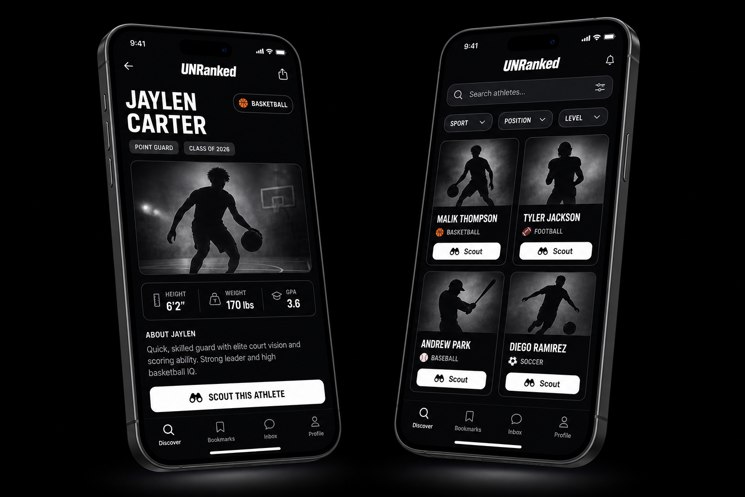 UNRanked app showing athlete discovery screens